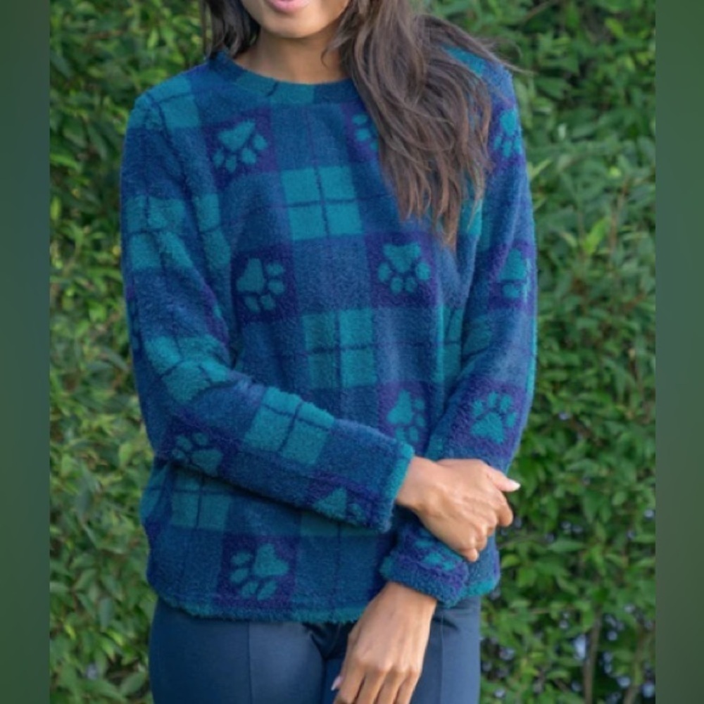 The Animal Rescue Site - NEW - Large Check Plaid Paws Sherpa Fleece Pullover